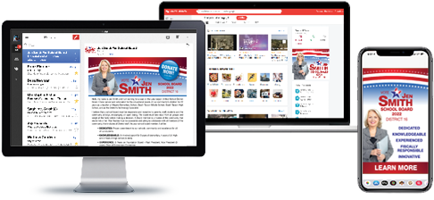 Display ads on various devices including an email example, a laptop with a website displayed, and a smart phone with a display ad.