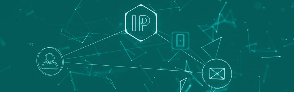 Illustrative photo with the words IP, a person icon, and an email icon to represent IP targeted advertising
