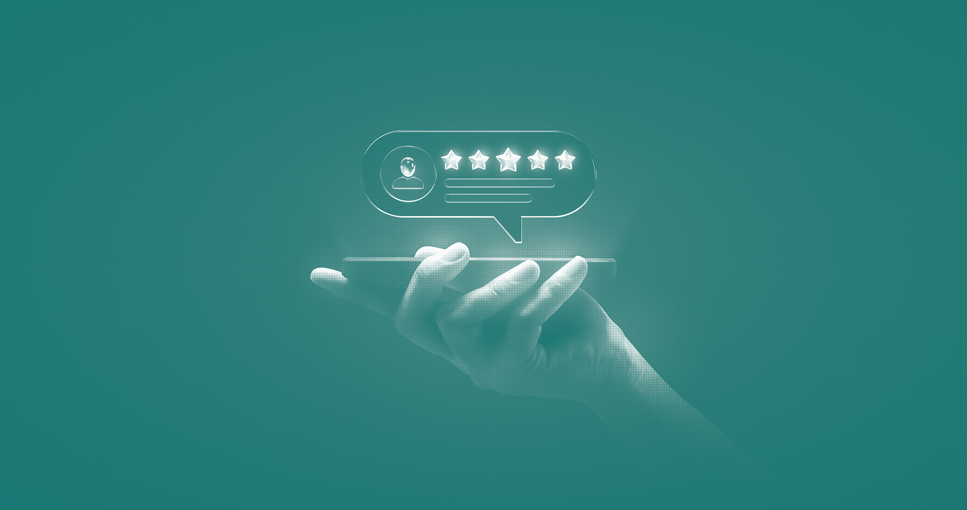 illustration of a hand holding a smart phone with a floating word bubble containing five stars to represent a favorable review
