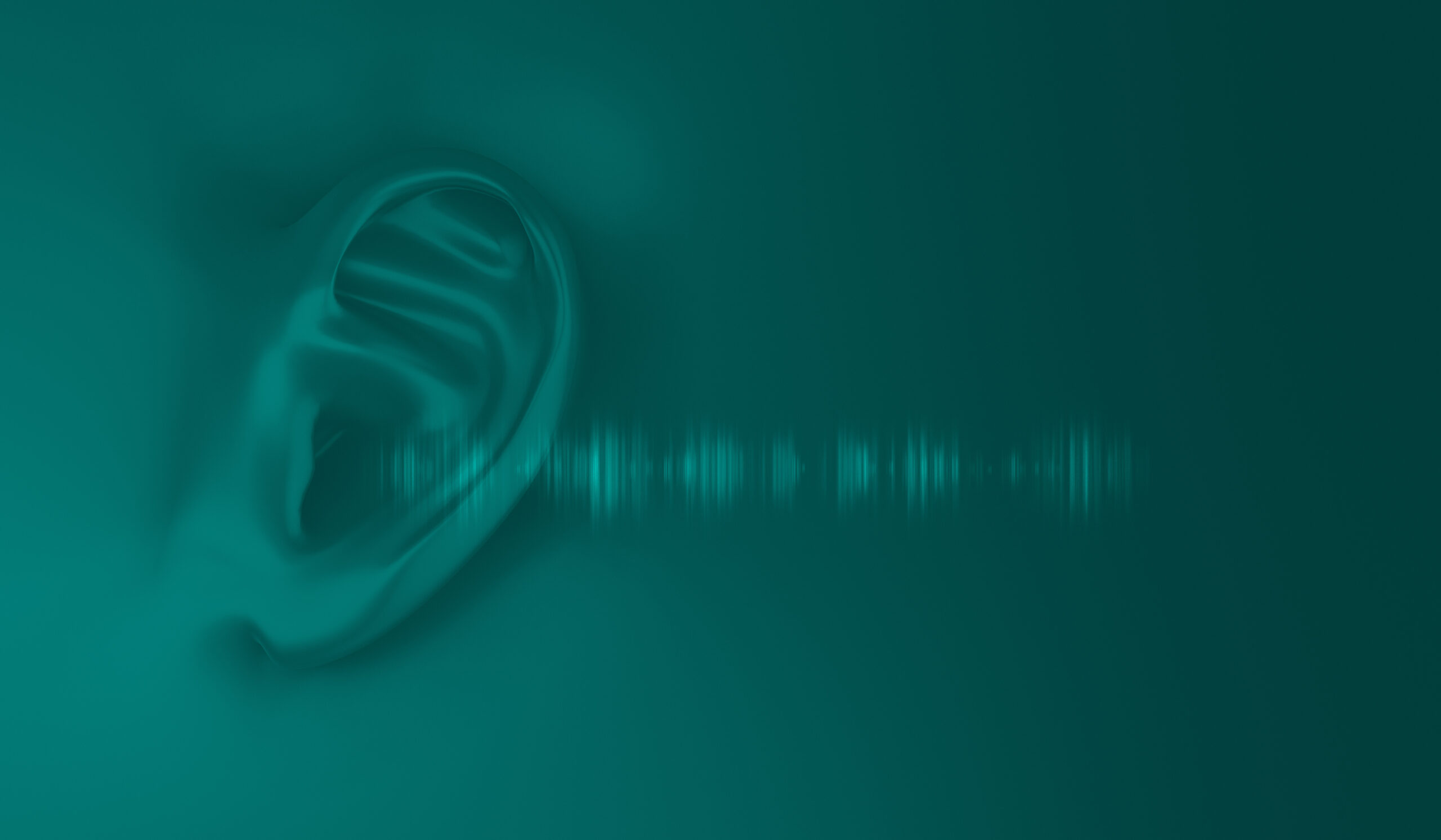 Blog feature image of a render of a human ear and audio waves representing Audiology and hearing loss
