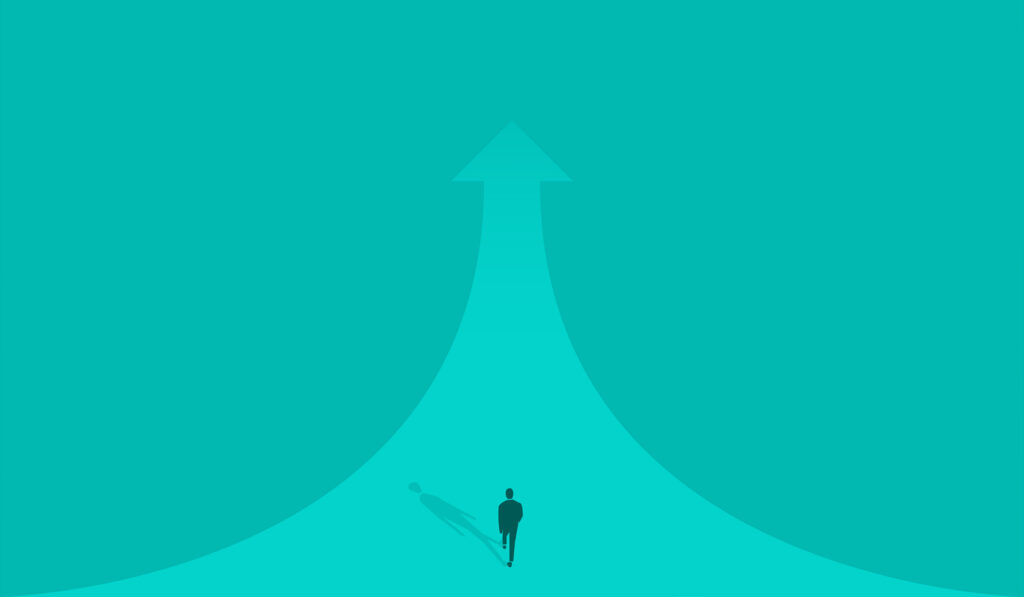 abstract artwork of a person walking on an arrow moving forward and upwards representing employee growth
