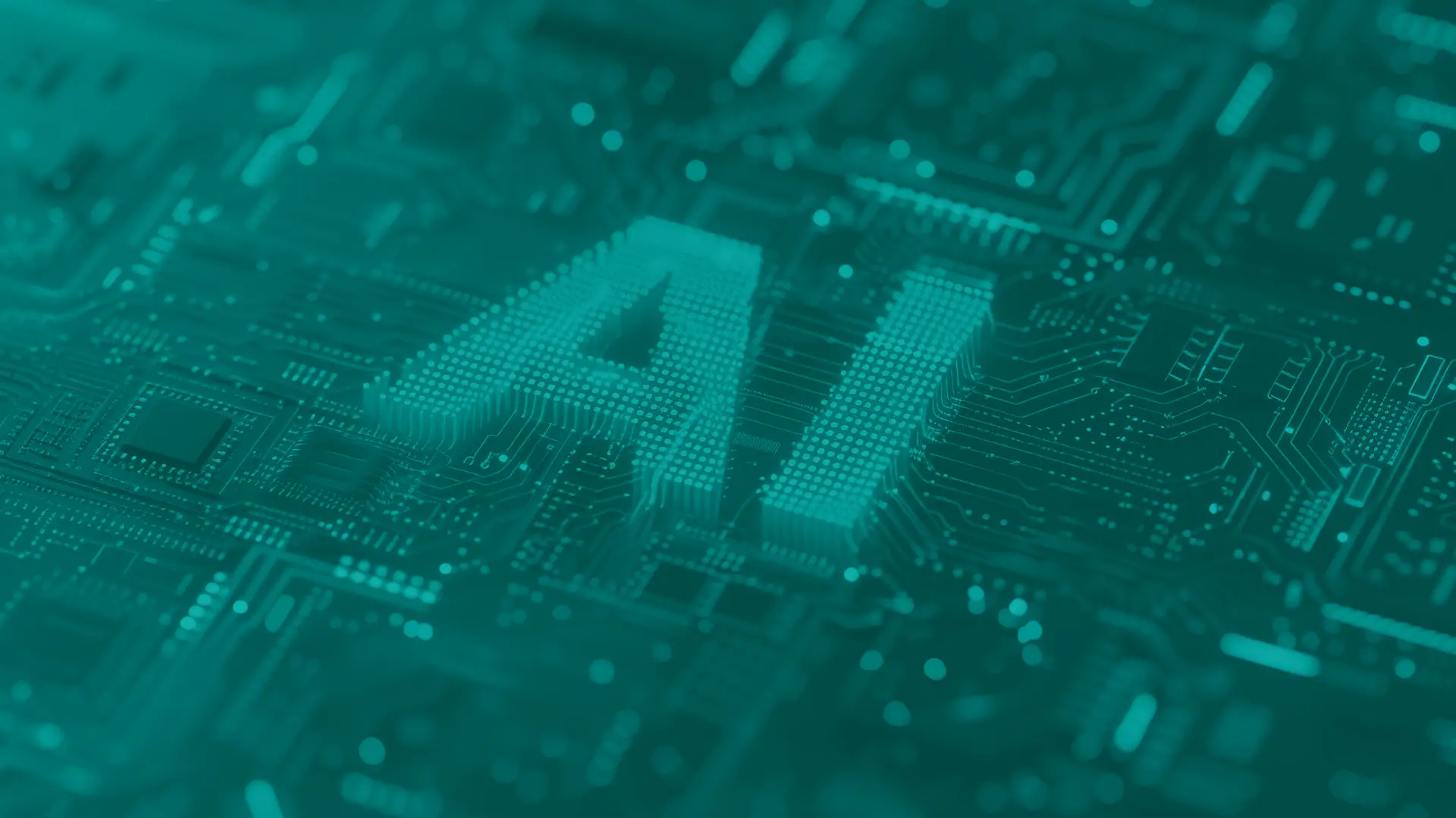 Computer mother board with AI lettering integrated as an artificial intelligence concept circuit board and processer
