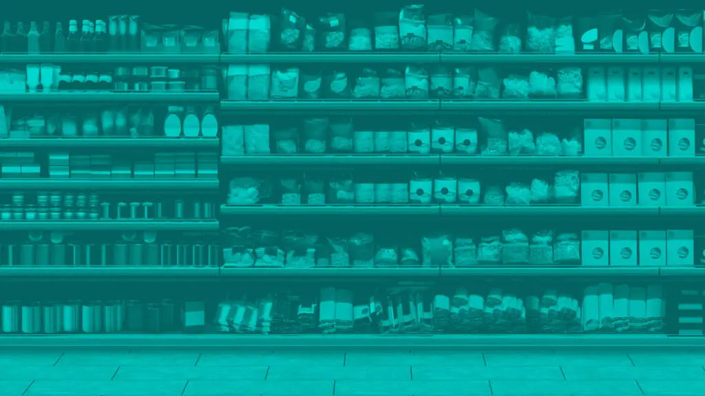 Facing front view of generic grocery store shelves full of CPG products.