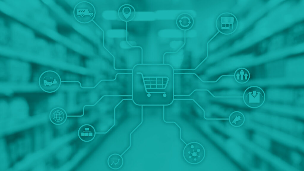 Retail marketing channels E-commerce Shopping automation concept on blurred supermarket background.