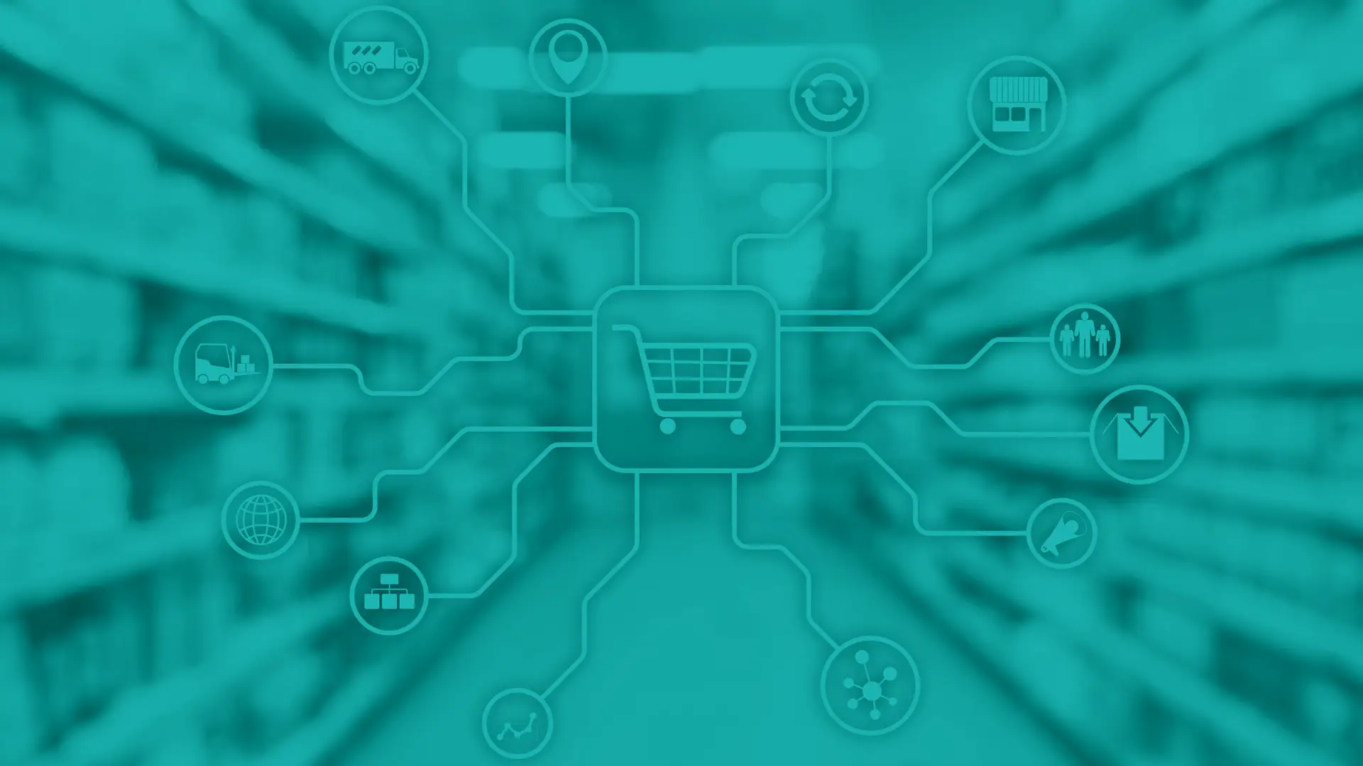 Retail marketing channels E-commerce Shopping automation concept on blurred supermarket background.