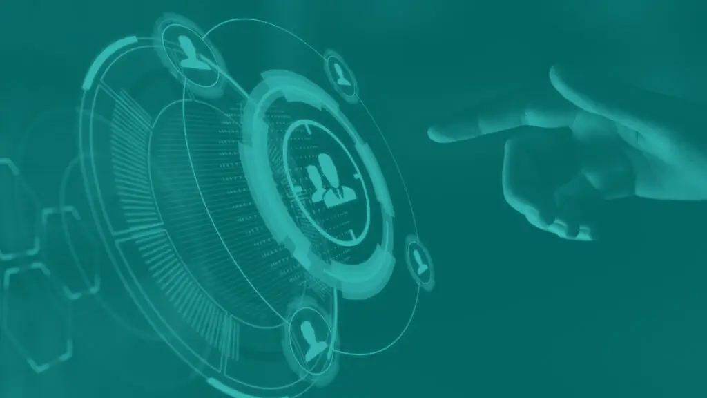 Digital audience concept art showing finger about to push a button that has people figure icon on it.