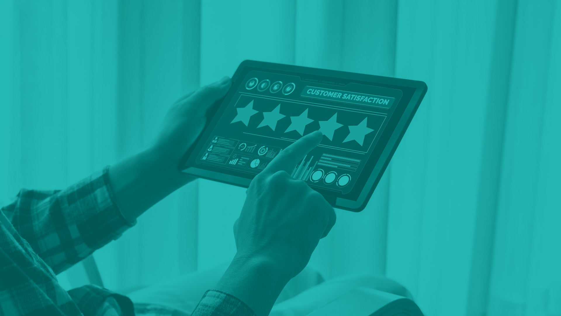 5 star review concept. A tablet with hands holding and pointing to a graphic displayed of 5 star review.