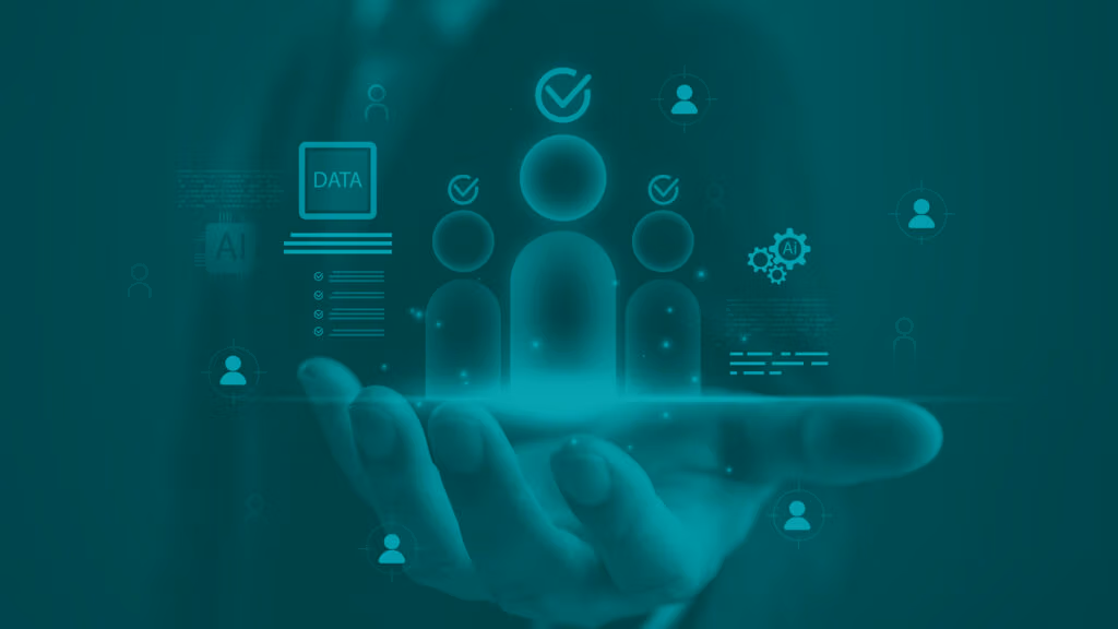 Audience data concept. A male hand is out palm up with carious graphics floating over it representing people with check marks over their heads, a computer screen with the word DATA, symbols for AI, and targets.