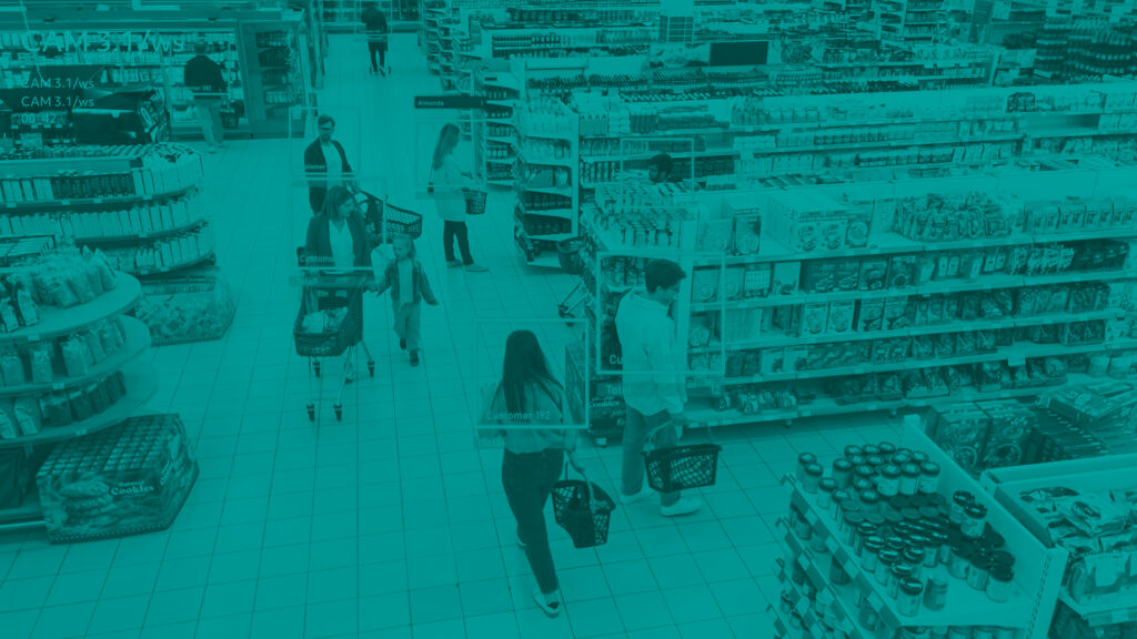 Grocery shopper data concept. Scene from high vantage point in a grocery store as shoppers are in the aisles. Some shoppers have frames around them representing data captured or data known.