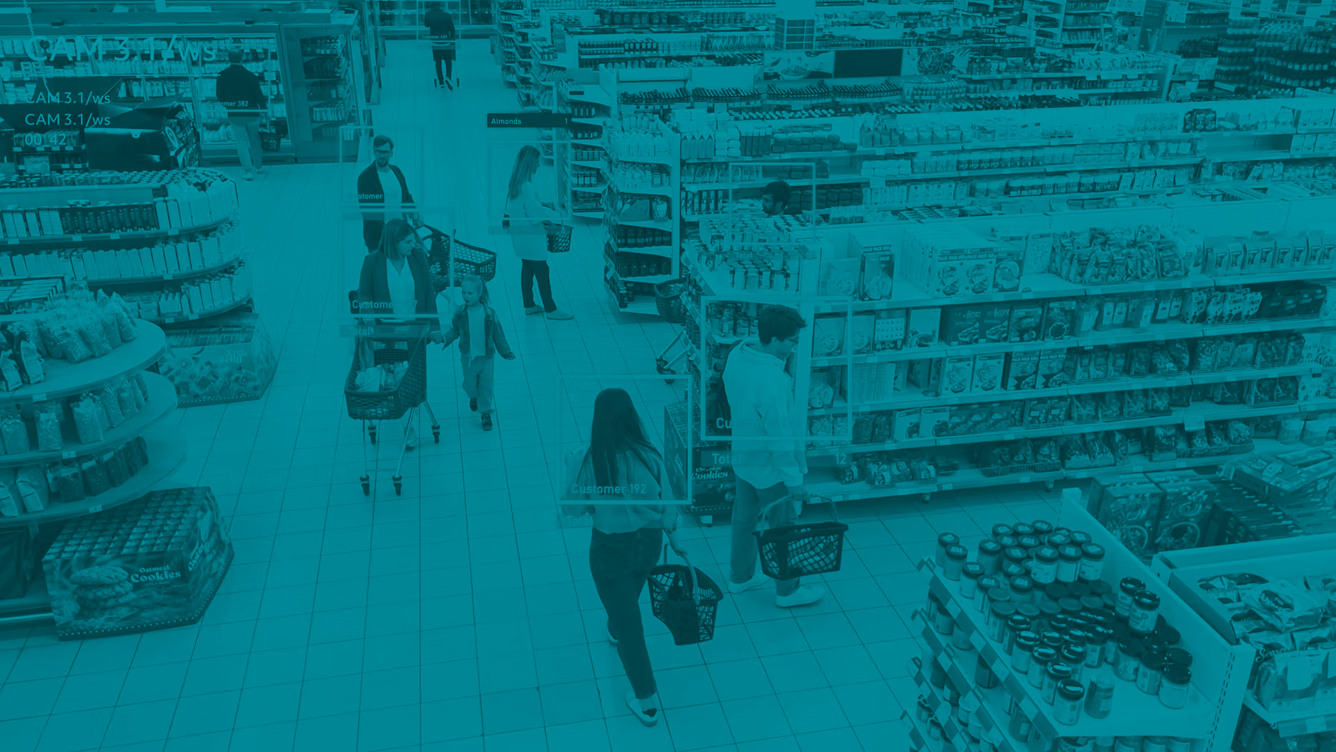 Grocery shopper data concept. Scene from high vantage point in a grocery store as shoppers are in the aisles. Some shoppers have frames around them representing data captured or data known.