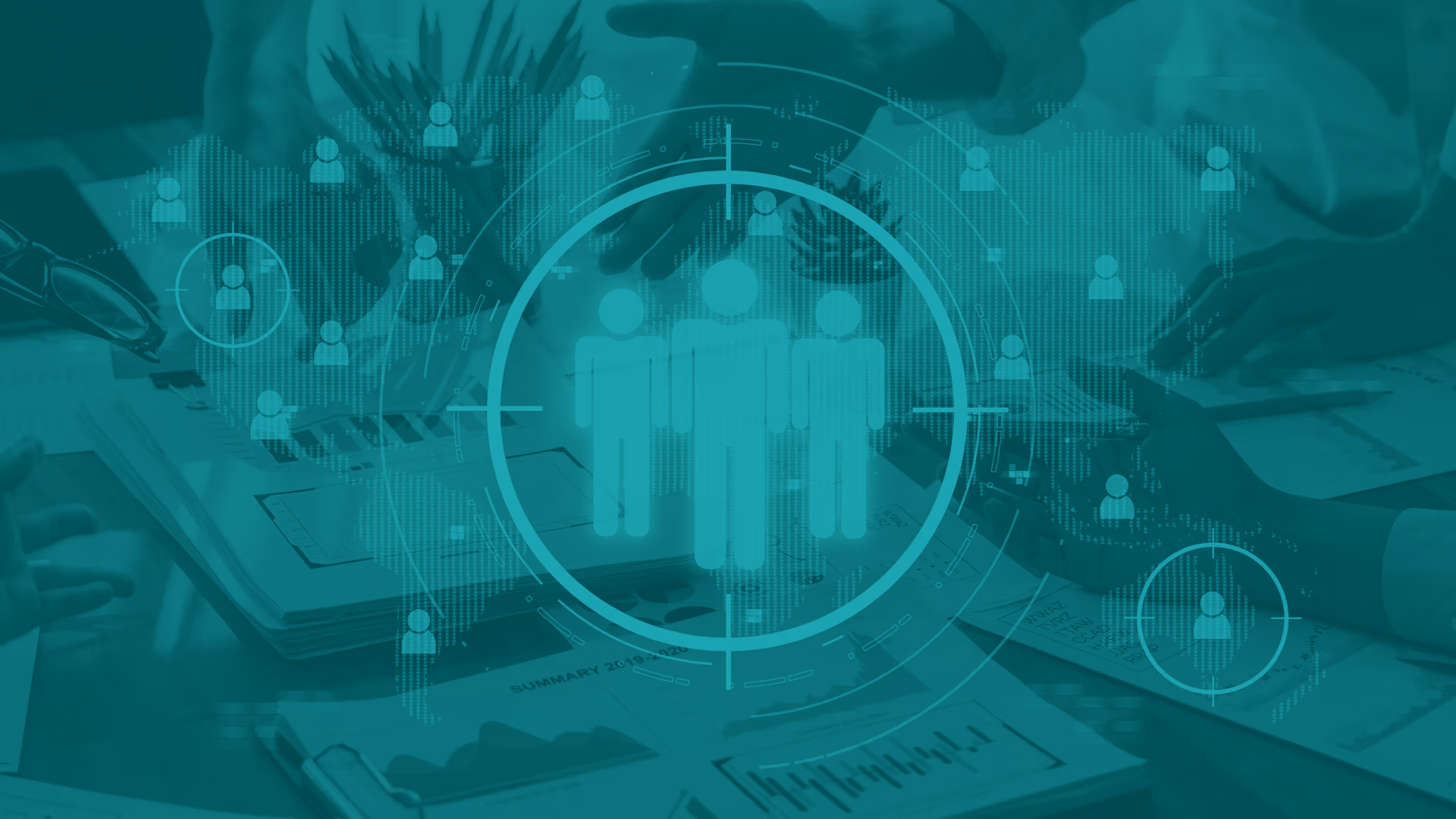 Graphic concept of a targeted audience with featured people group over a target and other people symbols smaller in background